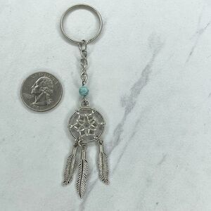 Silver Tone Faux Turquoise Beaded Dreamcatcher Feather Keychain Keyring